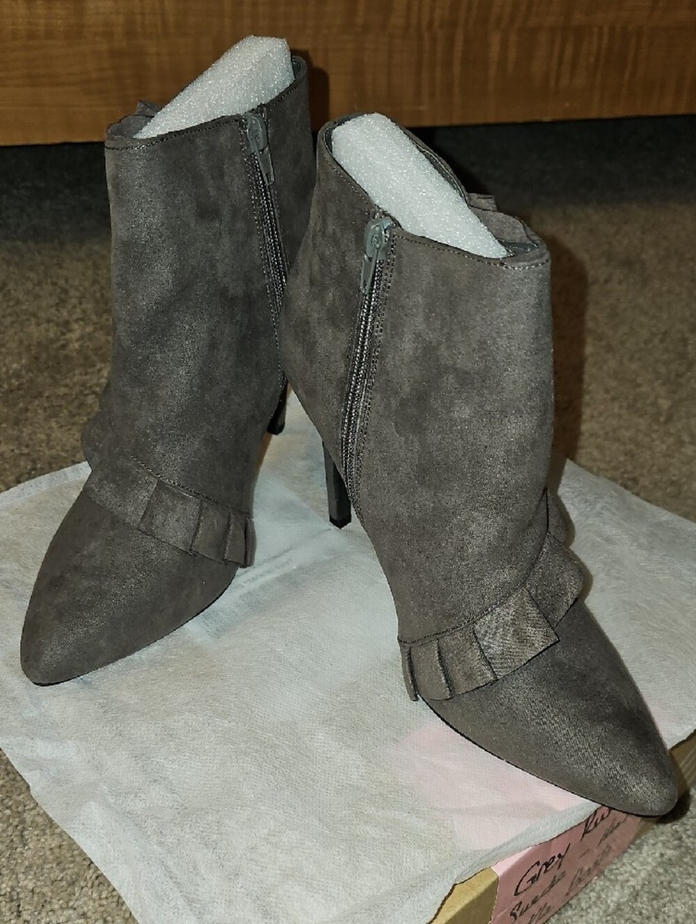 Journee Collection Gray Suede Pointed-Toe Ruffle Ankle Booties - Picture 5 of 10